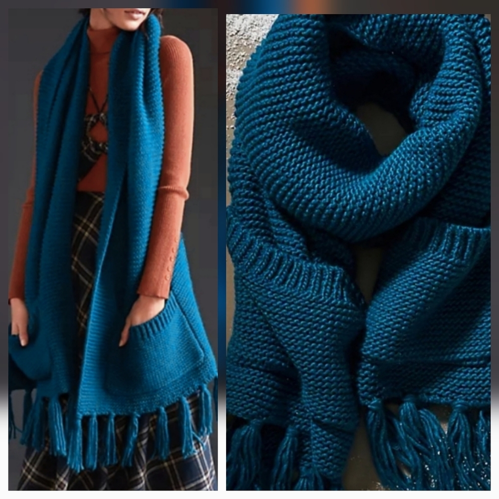 Anthropology Pilcro Fringed Pocket Scarf In Teal Blue Chunky Sweater Shawl